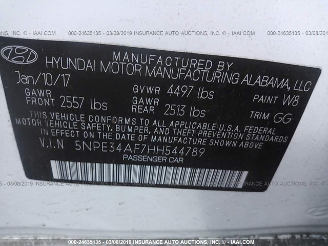 5NPE34AF7HH544789 - 2017 HYUNDAI SONATA SPORT/LIMITED WHITE photo 9