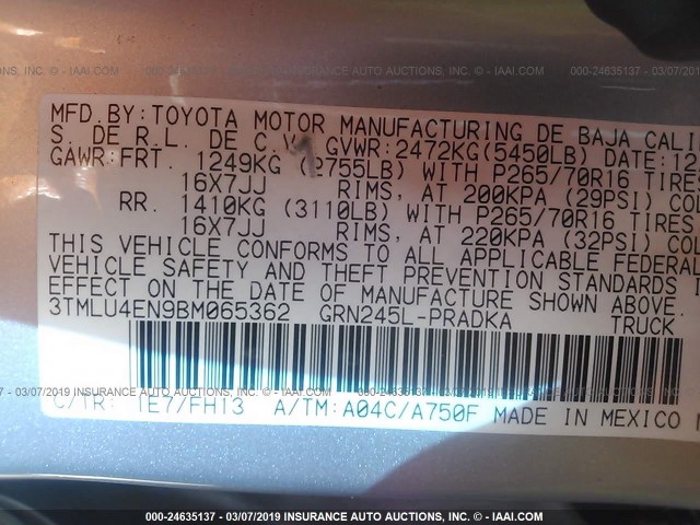 3TMLU4EN9BM065362 - 2011 TOYOTA TACOMA DOUBLE CAB 银色 照片 9
