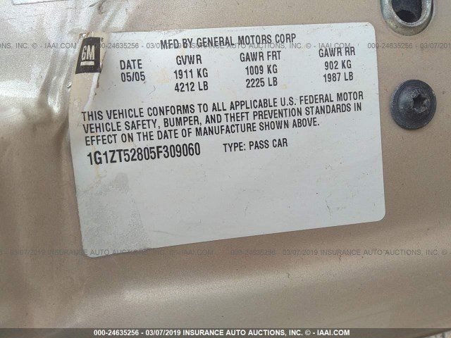 1G1ZT52805F309060 - 2005 CHEVROLET MALIBU LS GOLD photo 9