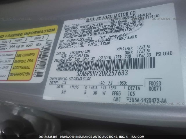 3FA6P0H72DR257633 - 2013 FORD FUSION SE 银色 照片 9