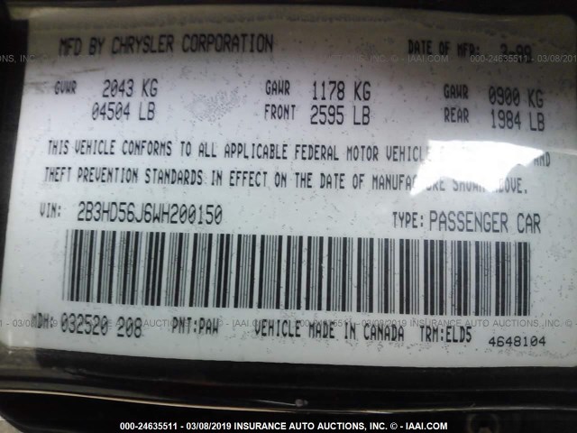 2B3HD56J6WH200150 - 1998 DODGE INTREPID ES BLACK photo 9