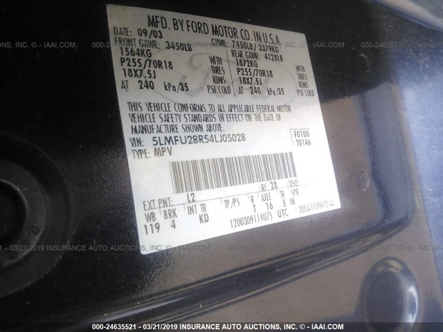 5LMFU28R54LJ05028 - 2004 LINCOLN NAVIGATOR 蓝色 照片 9