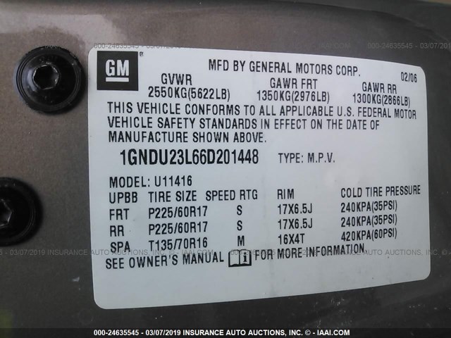 1GNDU23L66D201448 - 2006 CHEVROLET UPLANDER LS TAN photo 9