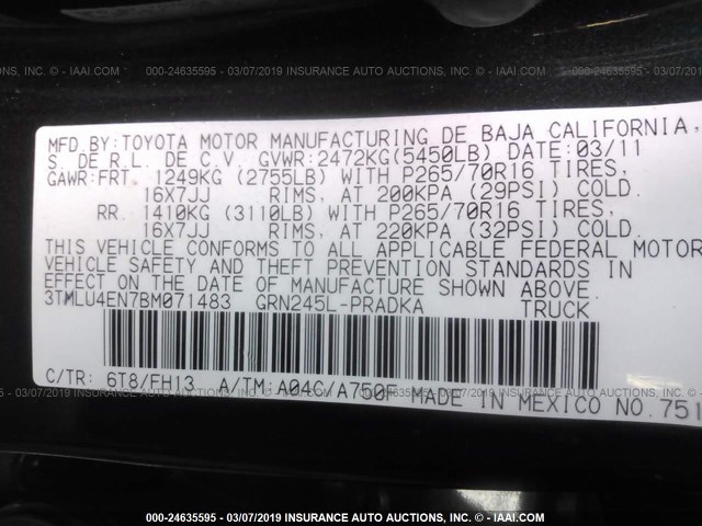 3TMLU4EN7BM071483 - 2011 TOYOTA TACOMA DOUBLE CAB 绿色 照片 9