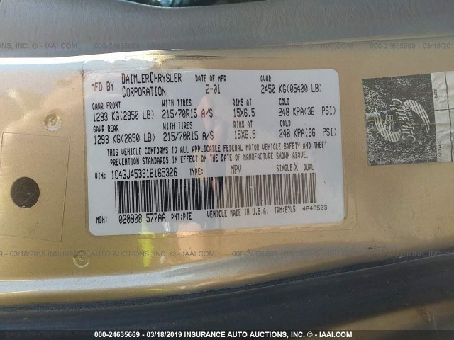 1C4GJ45331B165326 - 2001 CHRYSLER VOYAGER LX GOLD photo 9