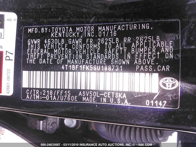 4T1BF1FK5GU188731 - 2016 TOYOTA CAMRY LE/XLE/SE/XSE BLACK photo 9