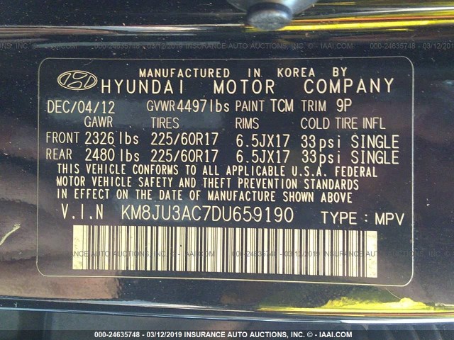 KM8JU3AC7DU659190 - 2013 HYUNDAI TUCSON GLS/LIMITED 黑色 照片 9