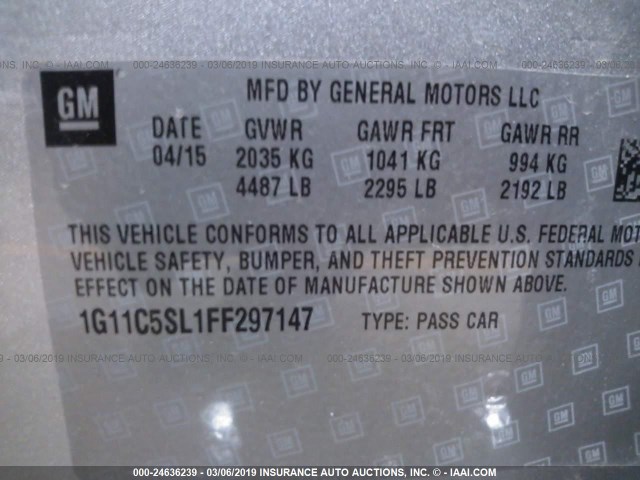 1G11C5SL1FF297147 - 2015 CHEVROLET MALIBU 1LT 银色 照片 9