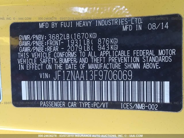 JF1ZNAA13F9706069 - 2015 TOYOTA SCION FR-S YELLOW photo 9