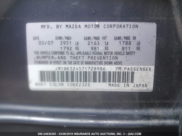 JM1BK324571728986 - 2007 MAZDA 3 S GRAY photo 9