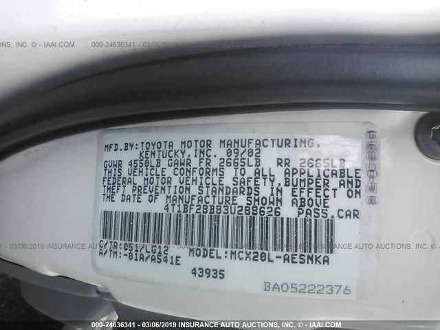 4T1BF28B83U288626 - 2003 TOYOTA AVALON XL/XLS WHITE photo 9