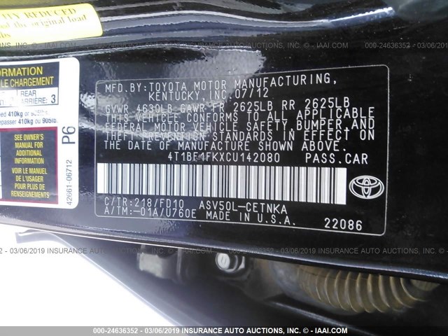 4T1BF1FKXCU142080 - 2012 TOYOTA CAMRY SE/LE/XLE BLACK photo 9