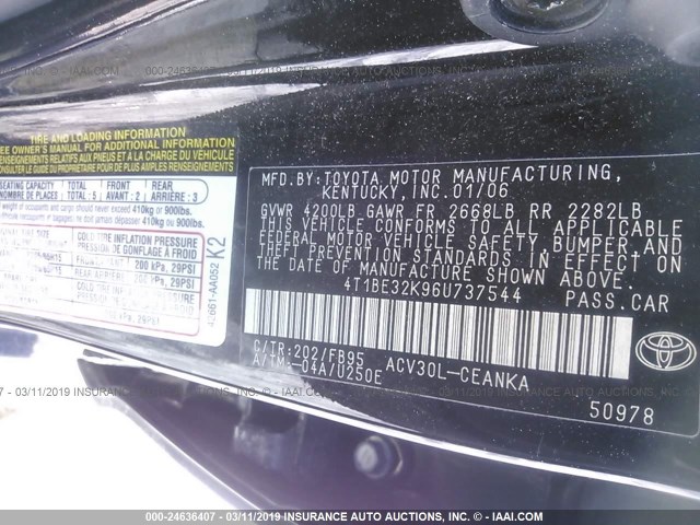 4T1BE32K96U737544 - 2006 TOYOTA CAMRY LE/XLE/SE BLACK photo 9