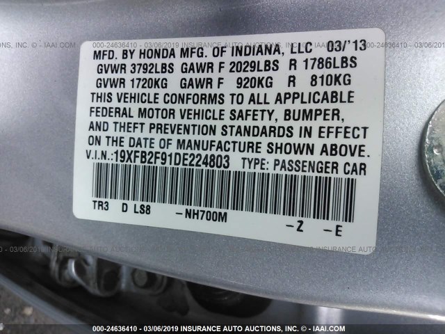 19XFB2F91DE224803 - 2013 HONDA CIVIC EXL SILVER photo 9