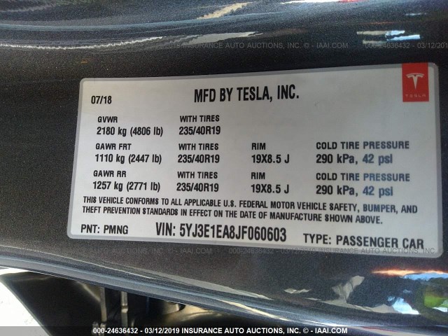 5YJ3E1EA8JF060603 - 2018 TESLA MODEL 3 GRAY photo 9