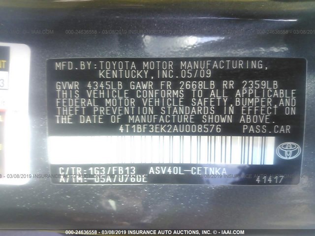 4T1BF3EK2AU008576 - 2010 TOYOTA CAMRY SE/LE/XLE GRAY photo 9