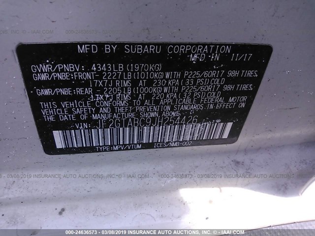 JF2GTABC9JH254426 - 2018 SUBARU CROSSTREK PREMIUM WHITE photo 9