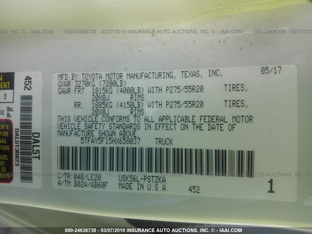 5TFAY5F15HX658037 - 2017 TOYOTA TUNDRA CREWMAX 1794/PLATINUM 白色 照片 9