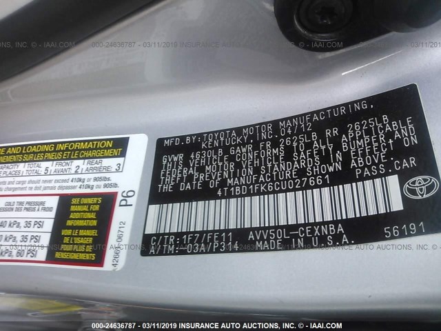 4T1BD1FK6CU027661 - 2012 TOYOTA CAMRY HYBRID/LE/XLE 银色 照片 9