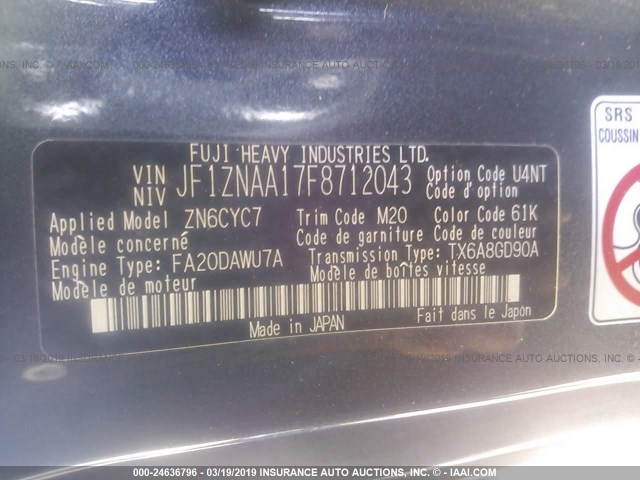 JF1ZNAA17F8712043 - 2015 TOYOTA SCION FR-S GRAY photo 9