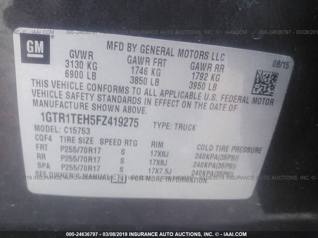 1GTR1TEH5FZ419275 - 2015 GMC SIERRA C1500 GRAY photo 9