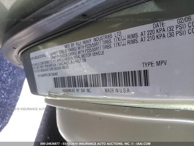 4S4BP61C967345491 - 2006 SUBARU LEGACY OUTBACK 2.5I GREEN photo 9