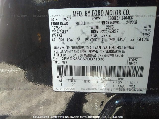 2FMDK38C67BB71836 - 2007 FORD EDGE SEL BLACK photo 9