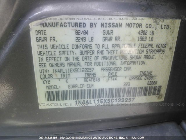 1N4AL11EX5C122257 - 2005 NISSAN ALTIMA S/SL SILVER photo 9