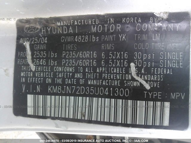 KM8JN72D35U041300 - 2005 HYUNDAI TUCSON GLS/LX SILVER photo 9