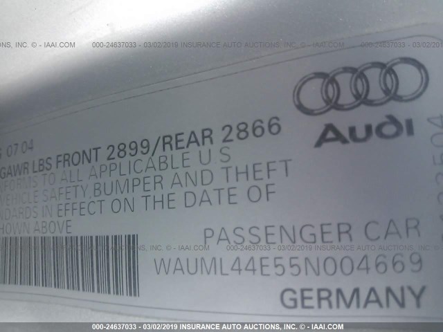 WAUML44E55N004669 - 2005 AUDI A8 L QUATTRO SILVER photo 9