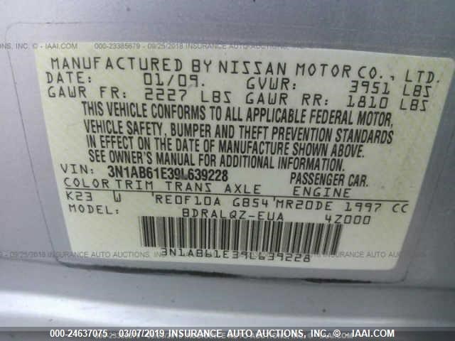 3N1AB61E39L639228 - 2009 NISSAN SENTRA 2.0/2.0S/2.0SL SILVER photo 9