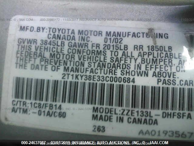 2T1KY38E33C000684 - 2003 TOYOTA COROLLA MATRIX XRS SILVER photo 9