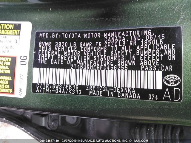 2T1BURHE9FC456255 - 2015 TOYOTA COROLLA L/LE/LE PLS/PRM/S/S PLS 绿色 照片 9