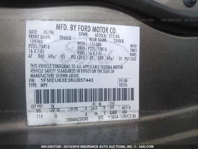 1FMEU63E36UB57443 - 2006 FORD EXPLORER XLT GRAY photo 9