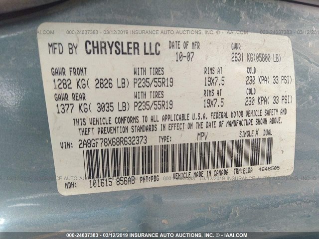 2A8GF78X68R632373 - 2008 CHRYSLER PACIFICA LIMITED Light Blue photo 9