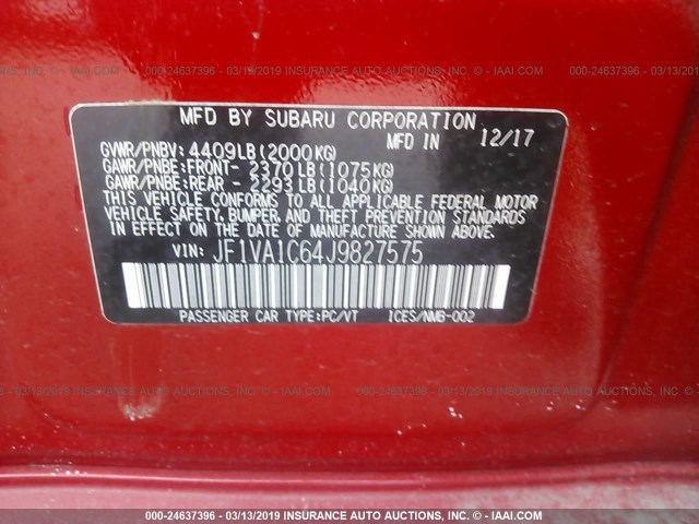 JF1VA1C64J9827575 - 2018 SUBARU WRX PREMIUM RED photo 9