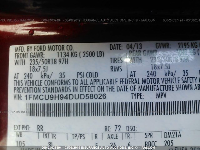 1FMCU9H94DUD58026 - 2013 FORD ESCAPE SEL RED photo 9