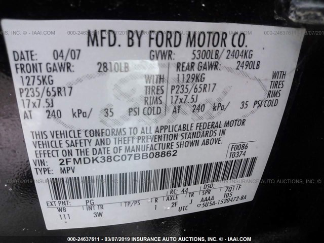 2FMDK38C07BB08862 - 2007 FORD EDGE SEL BLUE photo 9