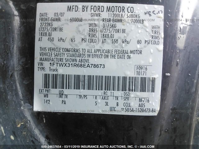 1FTWX31R68EA78673 - 2008 FORD F350 SRW SUPER DUTY BLACK photo 9