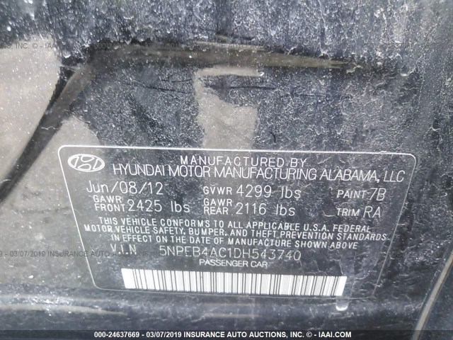 5NPEB4AC1DH543740 - 2013 HYUNDAI SONATA GLS BLACK photo 9