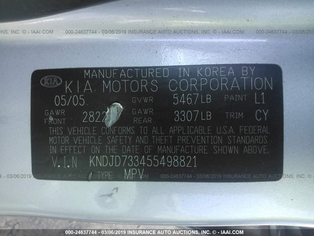 KNDJD733455498821 - 2005 KIA SORENTO EX/LX BLUE photo 9