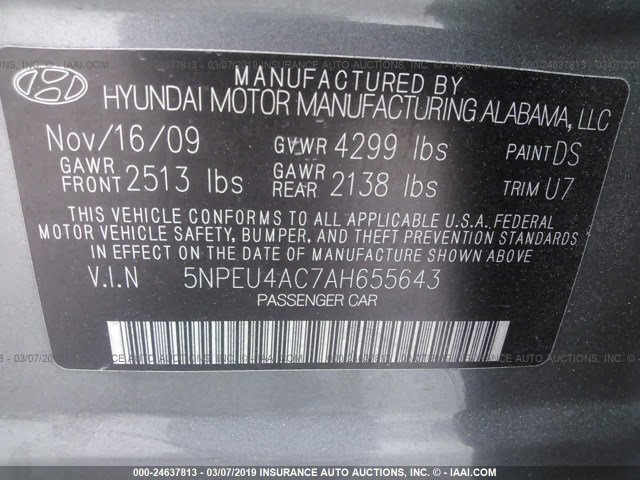 5NPEU4AC7AH655643 - 2010 HYUNDAI SONATA SE/LIMITED GRAY photo 9