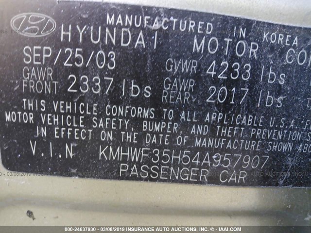 KMHWF35H54A957907 - 2004 HYUNDAI SONATA GLS/LX BLUE photo 9