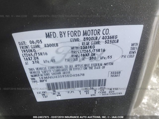 1FMNU43S95ED42678 - 2005 FORD EXCURSION LIMITED GRAY photo 9