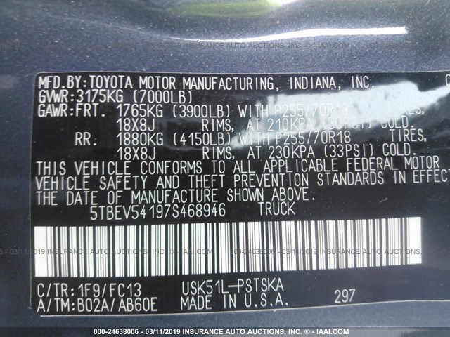 5TBEV54197S468946 - 2007 TOYOTA TUNDRA CREWMAX SR5 GRAY photo 9