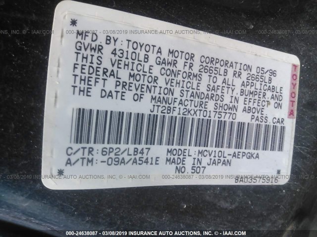 JT2BF12KXT0175770 - 1996 TOYOTA CAMRY LE/XLE/SE GREEN photo 9