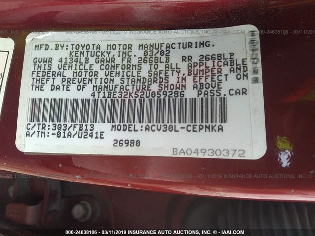 4T1BE32K52U059286 - 2002 TOYOTA CAMRY LE/XLE/SE RED photo 9