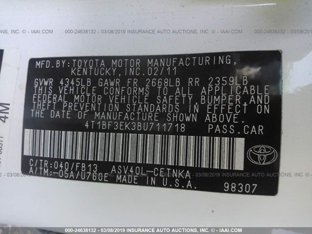 4T1BF3EK3BU711718 - 2011 TOYOTA CAMRY SE/LE/XLE 白色 照片 9