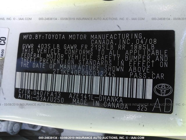 2T1KE40E09C012245 - 2009 TOYOTA COROLLA MATRIX S WHITE photo 9