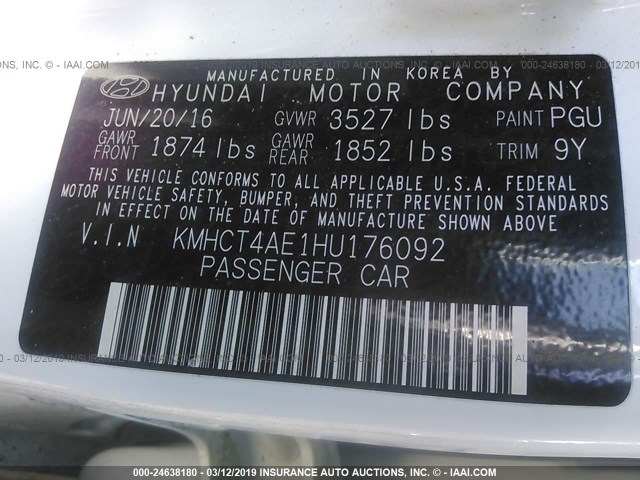 KMHCT4AE1HU176092 - 2017 HYUNDAI ACCENT SE WHITE photo 9